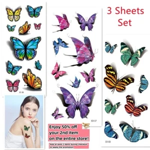 Juego de 3 Hojas Impermeables Tatuaje Temporal Pegatinas Mariposa Brazo y Arte Corporal - Imagen 1 de 10