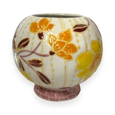 Jarrón redondo de gres Anthropologie Zahara naranja rosa en relieve floral 5X5,5" Foto 1 de 4