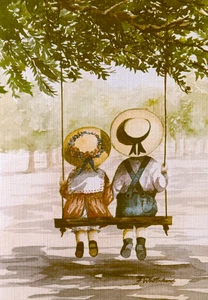 Tarjeta de felicitación artística de colección niña niño jardín columpio pensamientos de verano pensando en ti - Imagen 1 de 2