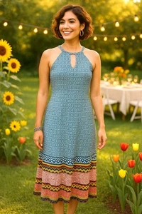 Maggy London Prairie Blue Fit & Flare Dress Braided Neckline NWT Size 10 - Picture 1 of 10