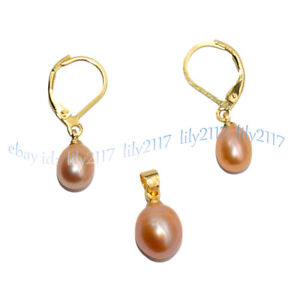 7-8mm 9-10mm Natural White Pink Purple Freshwater Pearl Drop Pendant Earring Set