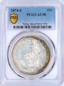 1874-S Trade Silver Dollar | PCGS AU50 | Green Crescent Toning