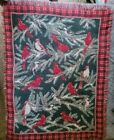 Vintage L.L. Bean Woven Tapestry Blanket 58x46 Red Green  Cardinal Birds Plaid 