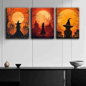 3pcs Witch at Sunset Moon Colorful Perfect Wall Art Canvas Framed 50x70cm - Picture 1 of 3