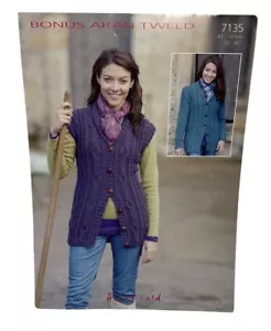 Bonus Aran Tweed Knitting Pattern Cardigan & Vest 7135 Ladies Sizes 32-42" By Ha - Picture 1 of 4