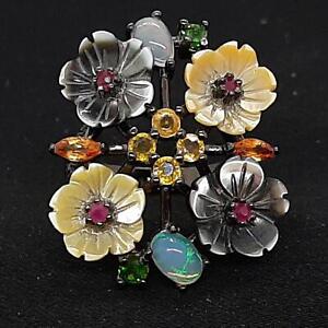 6.00ct Mother of Pearl,Opal & Multi-Color Sapphire Black Rhodium 925 Ring Size 8
