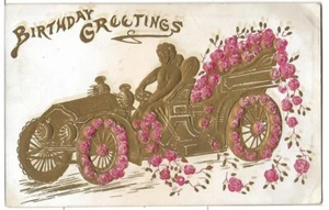 Vintage Embossed Postcard Birthday - Car - Roses - Picture 1 of 2