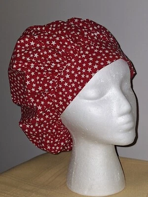 Patriotic Red w/ Stars Bouffant Medical Scrub Surgical Hat S,M,L - Image 1 of 2
