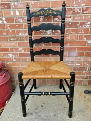 Tell City Hard Rock Maple Ladder Back Chair Wicker Seat Black Gold Acorns #1 - Image 1 of 4