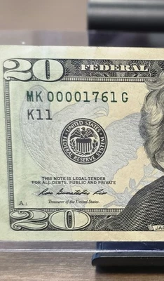 EXTREMELY LOW SERIAL NUMBER $20 BILL- 2013 SERIES- MK00001761G - 96.60% COOLNESS - Image 1 of 4