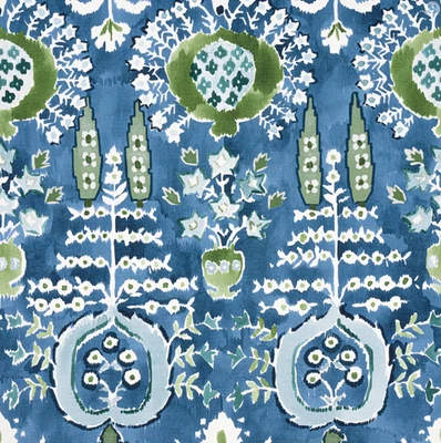 Thibaut Watercolor Ikat Floral Print Fabric- Mendoza Suzani / Blue Green 3.10 yd - Image 1 of 2
