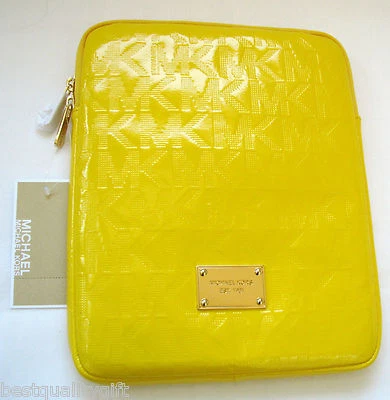 NEW-MICHAEL KORS ELECTRONICS CITRUS YELLOW MK LOGO LEATHER+GOLD IPAD CASE/COVER - Image 1 of 3