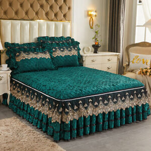 Embossed Lace Velvet Bed Cover Sheet King Quilted Bed Skirt Ruffle Zipper Queen