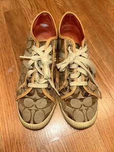 Coach Womens Sneakers Size 7.5 Khaki Canvas Tan Gold Stripes Casual Folly - Picture 1 of 7