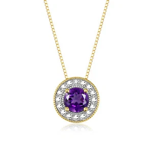 RYLOS Halo Necklace: Gemstone & Diamond, 18" Chain, 4MM Birthstone, Gold Plated - Picture 1 of 29
