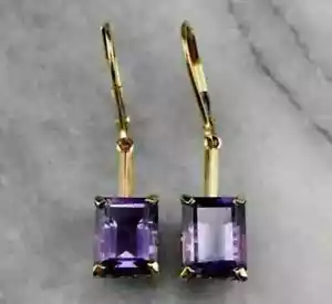 4Ct Emerald Cut Lab Created Amethyst Drop/Dangle Earrings 14K Yellow Gold Plated - Picture 1 of 5