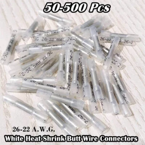 50-500 White Heat Shrink Butt Wire Connectors Waterproof Terminals AWG 26-22 ga - Picture 1 of 7