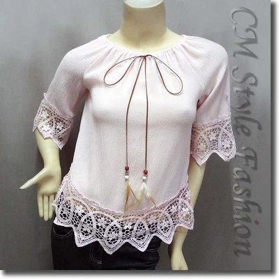 Top boho campesino de gasa recortado ganchillo hippie rosa S Foto 1 de 4