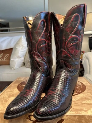 Botas Lucchese Classic para Hombres Hechas a Mano Negras Cereza Teju Lagarto Punta 7.5D Foto 1 de 4