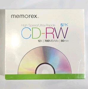 Paquete de 5 discos regrabables de alta velocidad Memorex CD-RW 700 MB 80 min 12X nuevos - Imagen 1 de 3