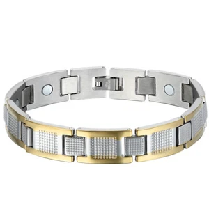 Stainless Steel Men's Jewelry Magnetic Link Bracelet 8.4" Gold Silver Two Tone - Picture 1 of 4