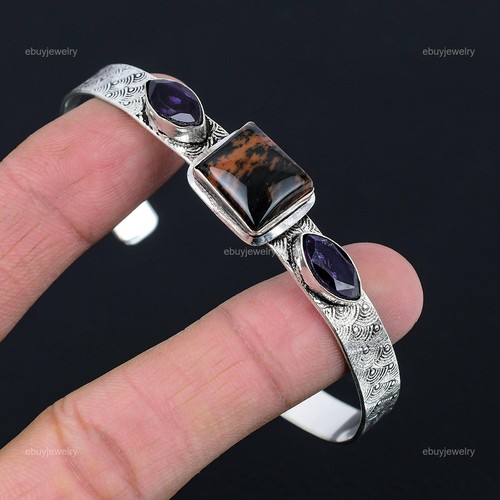 VALENTINO Bracciale da donna regolabile argento 925 mogano naturale pietra preziosa ossidiana