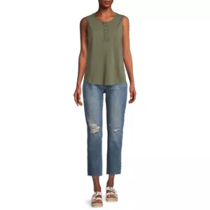 Time and Tru Women's Henley Tank with Fashion Raw Edge Detail, Green, Medium - Picture 1 of 5