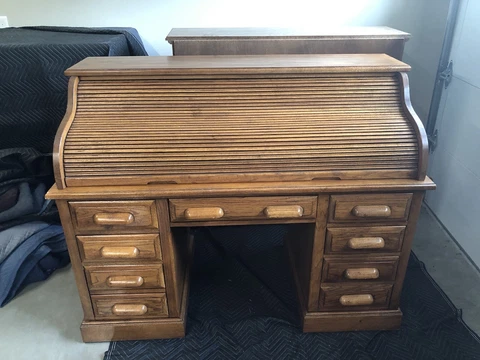 Solid Wood Roll Top Desk And Wood Rolling Chair Original Owner Cover