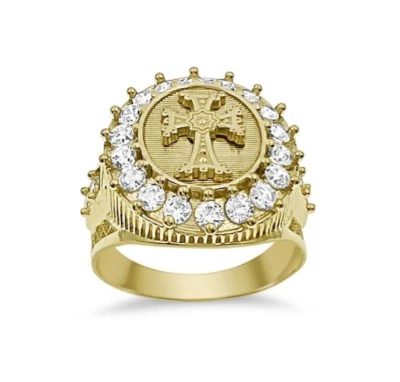 Anillo rosa con sello de cruz de oro amarillo de 10k para hombre circonita Foto 1 de 4