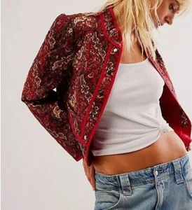 NEW Free People Zoey Jacket S Small Quilted Red Cherry Combo Puff Long Sleeve - Picture 1 of 4