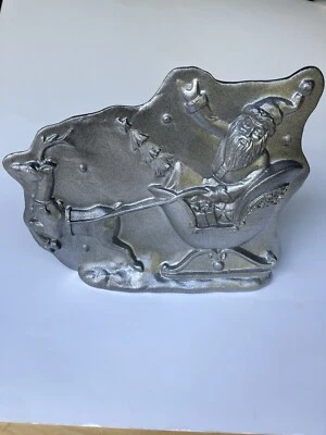 Primitive Antique Tin Style Santa Sleigh Reindeer Silver Resin Chocolate Mold - Image 1 of 4