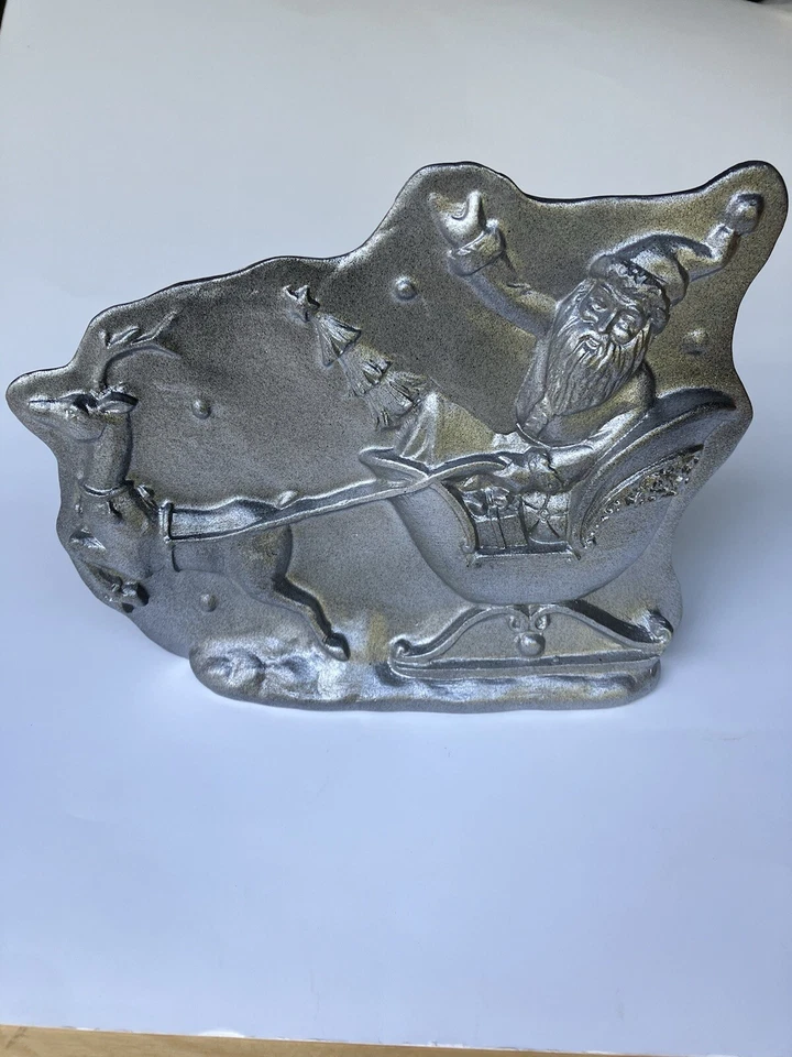 Primitive Antique Tin Style Santa Sleigh Reindeer Silver Resin Chocolate Mold - Image 1 of 4