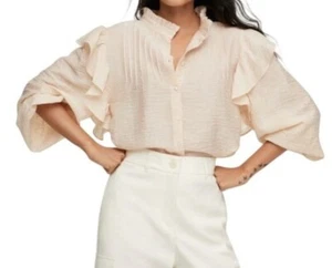 MNG Mango Lyocell Blouse Top Size Small Beige Ruffle Shoulder Long Sleeve - Picture 1 of 10