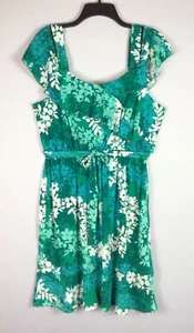Adrienne Vittadini Dress Womens XL Green Floral Fit Flare Short Cap Sleeves NWT - Picture 1 of 7