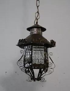 Antigua lámpara colgante vintage de hierro negro de vidrio desplazado pequeña - Imagen 1 de 6