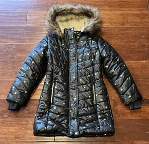 Cat Jack Black Girls Small 6 Star Print Fur Hood Zip Pocket Puffer Jacket Coat - Picture 1 of 14