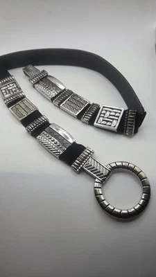 Chico's De colección.  Cinturón Country 90' Mediano Cuero Negro Stretch Boho Plateado Metal  Foto 1 de 4