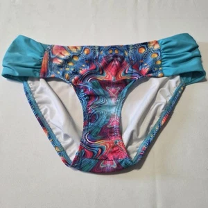 VENUS NWOT Mid Rise Moderate Coverage Bikini Bottom 8 Teal Blue & Neon Ruched - Picture 1 of 5