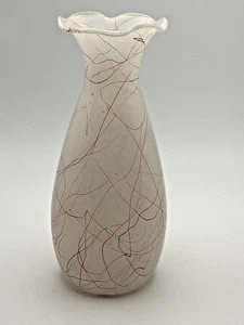 Jarrón hilado de espagueti rojo con tapa festoneada blanca MCM Hazel Atlas de colección - Imagen 1 de 5