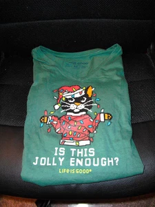 NEW Women’s Sz. M Life is Good Christmas Shirt Is This Jolly Enough Cat L/S - Picture 1 of 2