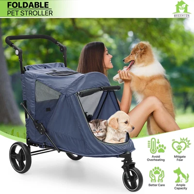 Folding Dog Stroller Blue Portable Pet Travel Carrier Cart w/Foot Activated Lock - Image 1 of 4