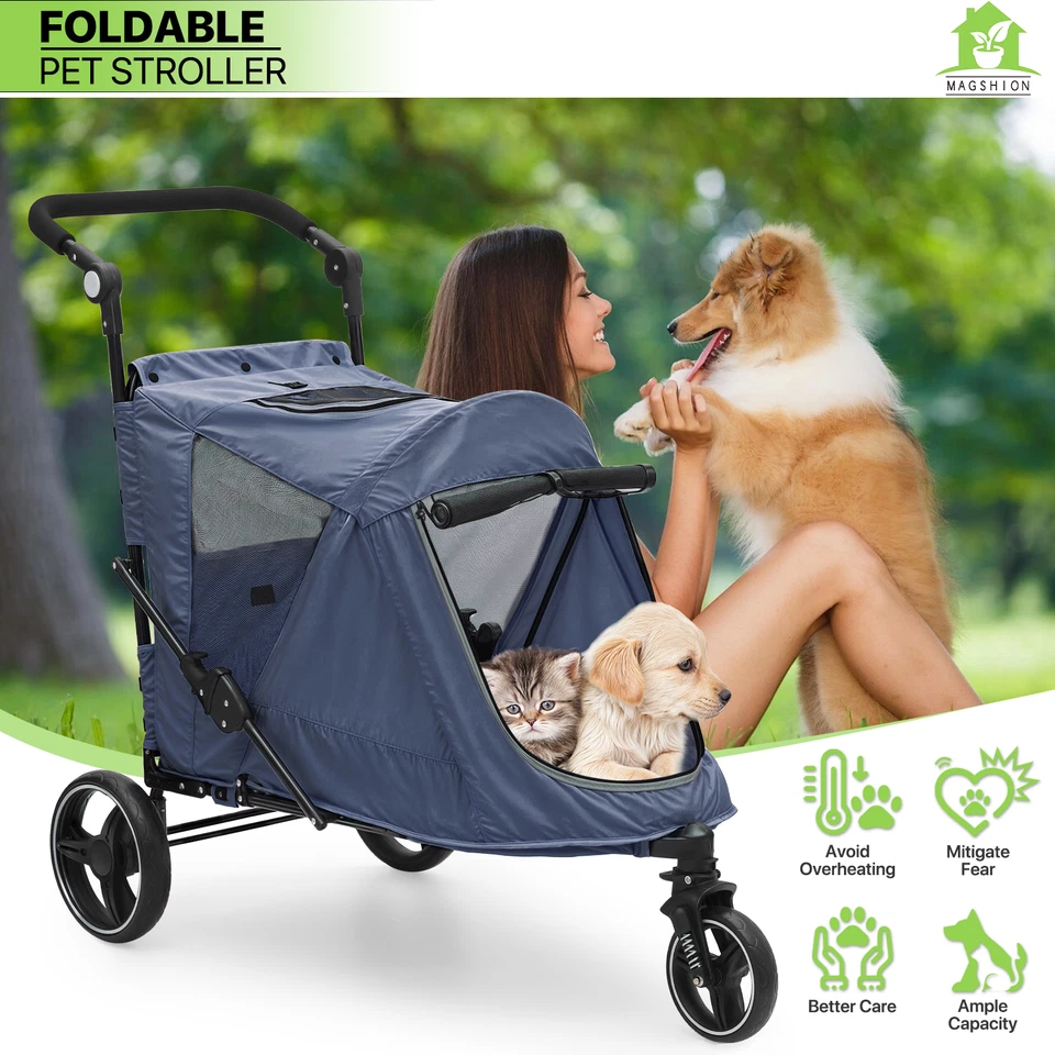 Folding Dog Stroller Blue Portable Pet Travel Carrier Cart w/Foot Activated Lock - Image 1 of 4