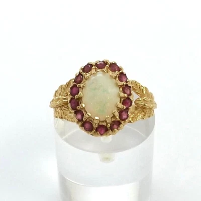 Victorian Style 14K Gold Genuine Opal Ruby Halo Leaves Ring - Image 1 of 4