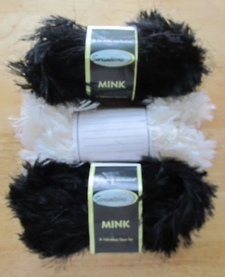 Lot of 3 Sensations Mink Eyelash Fun Fur Yarn ~ 2 Black & 1 White ~ 1.75 oz Each - Image 1 of 4