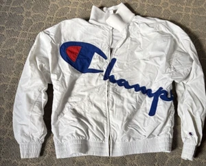 Vintage Champion Logo Jacket Windbreaker White Long Sleeve Zip Mens Medium - Picture 1 of 6