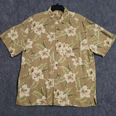 Camisa masculina vintage Jos A Bank XL seda havaiana tropical floral texturizada gola laço - Imagem 1 de 4