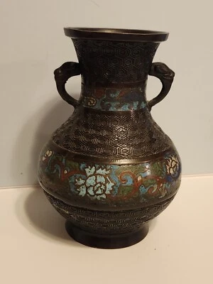 日本景泰蓝古董青铜花瓶,7 英寸高 — 第 1/4 张图片