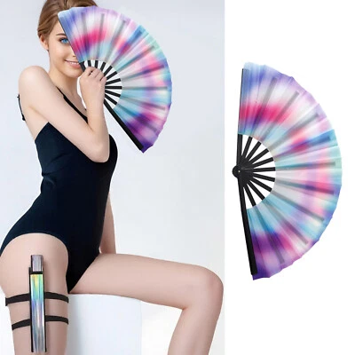 Ventilador plegable grande Clack ventilador de mano para trajes de raves, burlesque, arco iris para mujer Foto 1 de 4