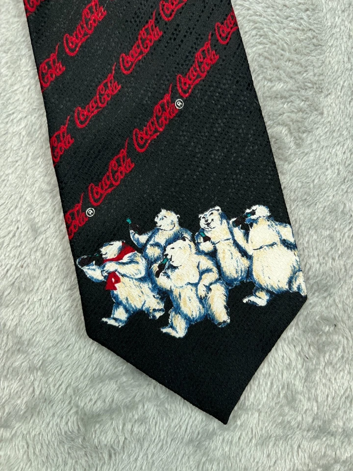 Coca Cola Christmas Polar Bears Neck Tie Black Red Classic Width Short Length - Image 1 of 4