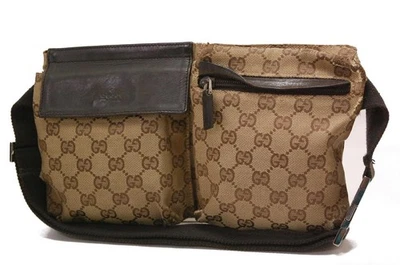 Gucci GG Bolsa de Lona Monograma Cinto de Cintura Bum Bag Fanny Pack Marrom 1122a - Imagem 1 de 4